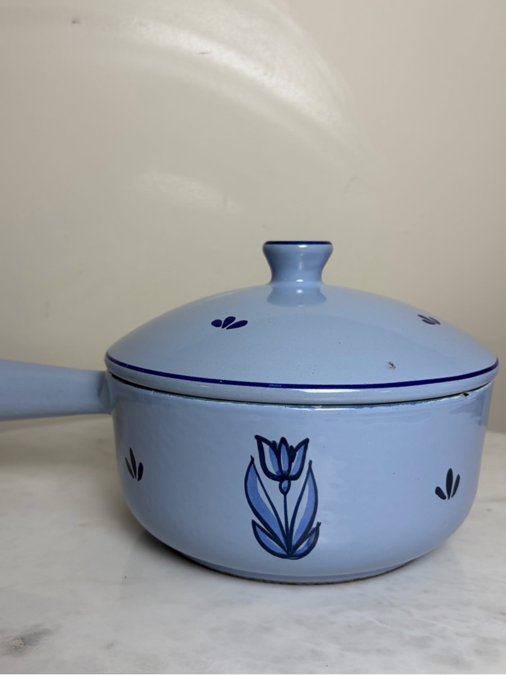 Vintage DRU Holland Blue Tulip Enamel Cast Iron Saucepan Pot Lid 4031-16 50s 6"